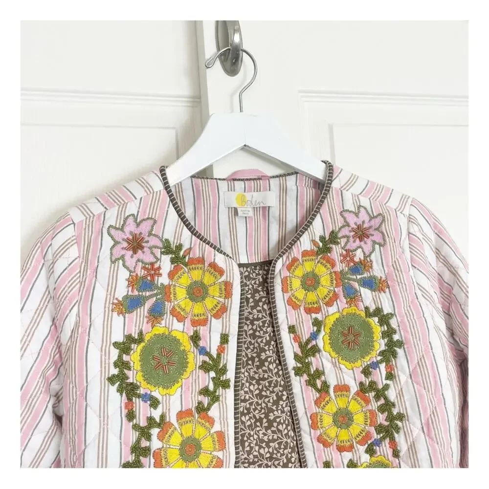 Boden Striped Embroidered Quilted Jacket Beaded Pink Crop Length Sz XS - Picture 4 of 13